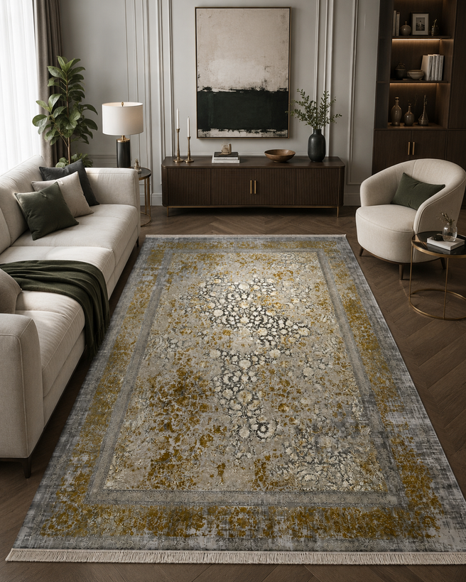 فرش 700 شانه طرح پاییز طوسی طلایی دیزاین 1200 گل برجسته با تراکم 2550 و نخ 100 درصد اکرولیک هیت ست مناسب دکوراسیون مدرن و نئوکلاسیک