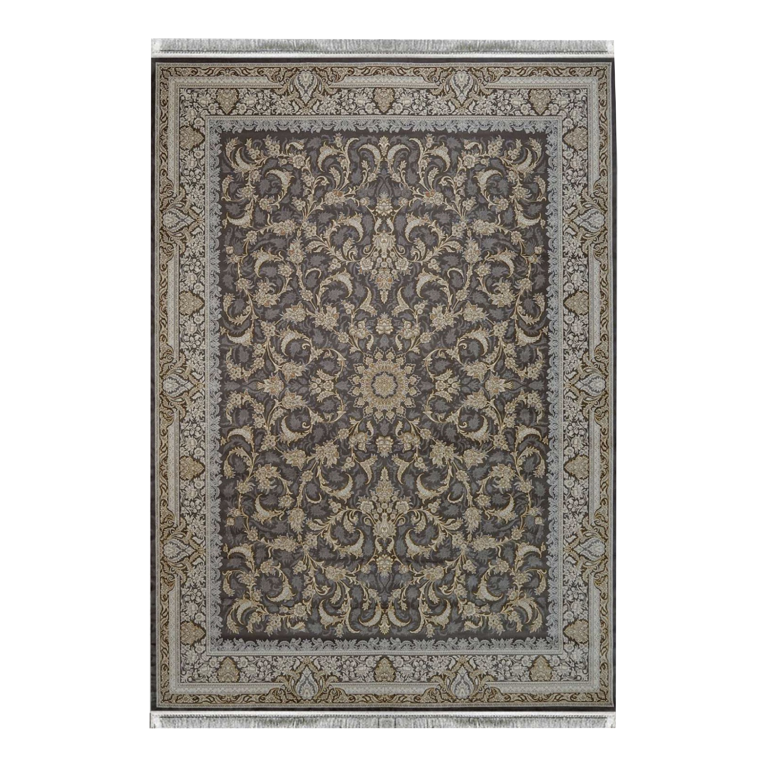 فرش 700 شانه طرح یادگار رنگ طوسی طلاکوب گل برجسته دیزاین 1200 با تراکم 2550 و نخ 100٪ اکرولیک هیت ست